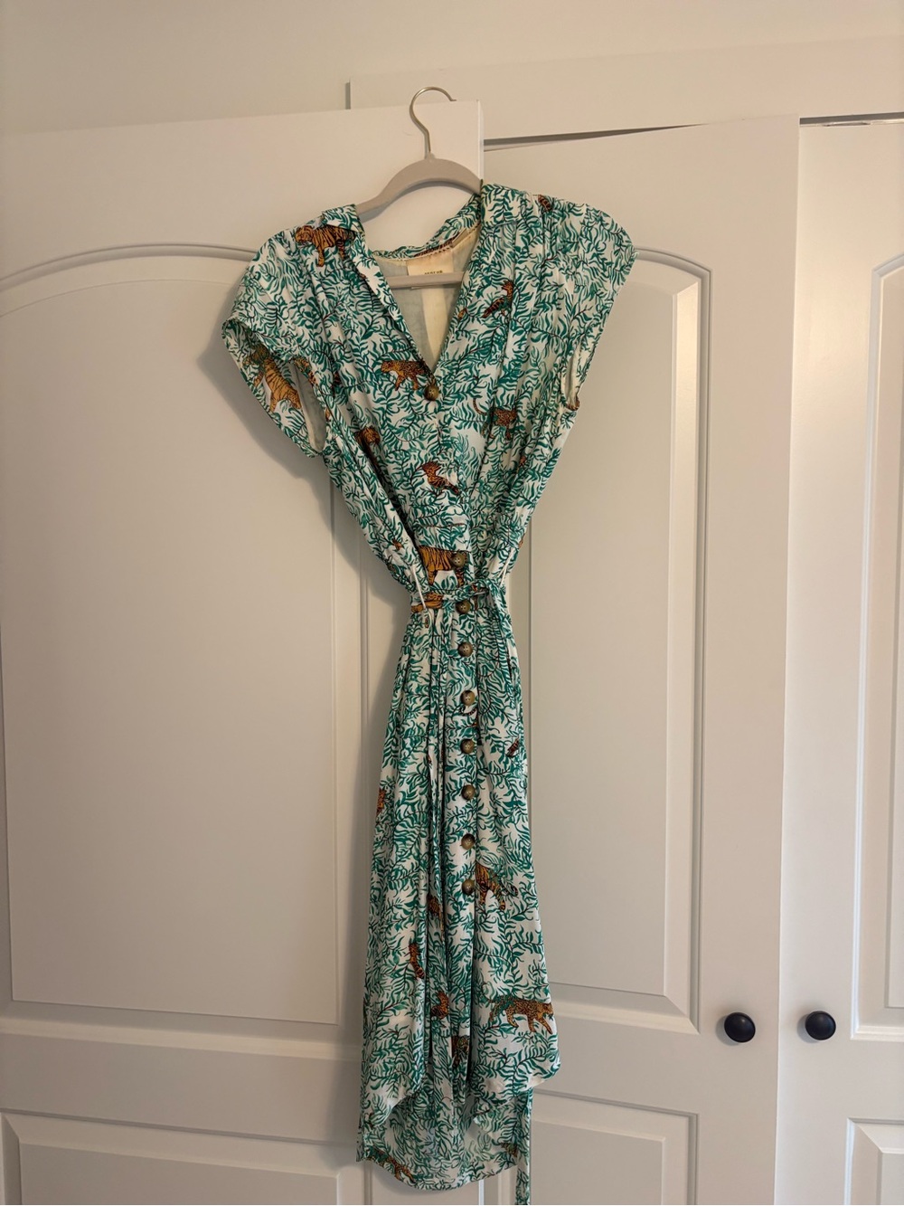 Anthropologie Teal Tiger Print High-Low Button Dress